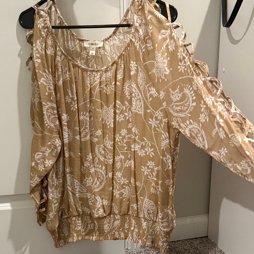 Knox Rose Beige and White Floral Blouse Size L 8010